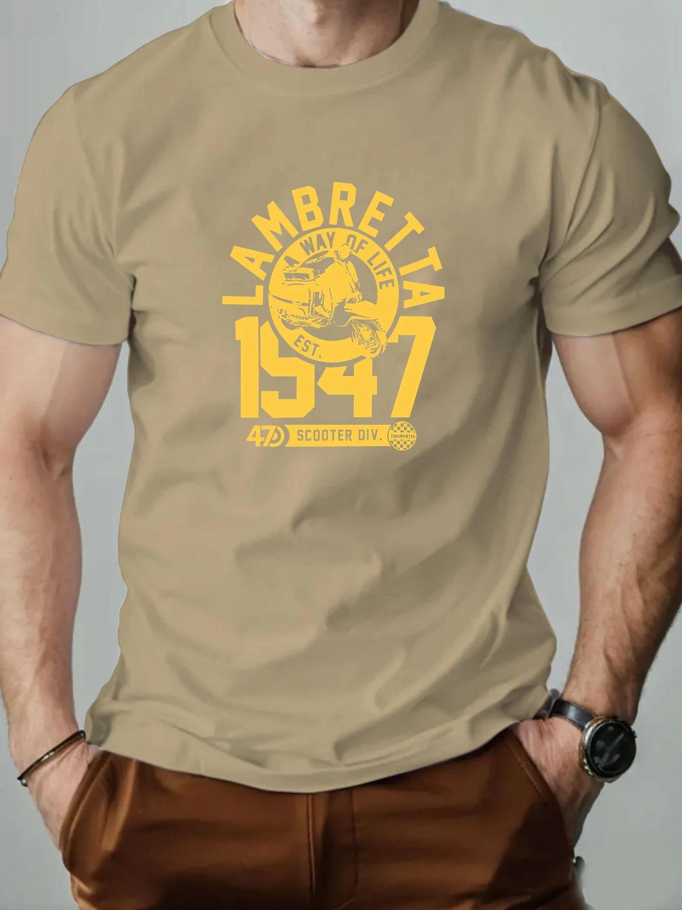 Men's Cotton T-Shirt, LAMBRETTA Summer Round Neck Short Sleeve Graphic Breathable Fashion Casual T-Shirt