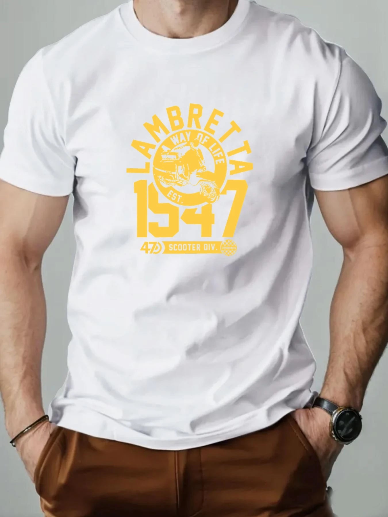 Men's Cotton T-Shirt, LAMBRETTA Summer Round Neck Short Sleeve Graphic Breathable Fashion Casual T-Shirt