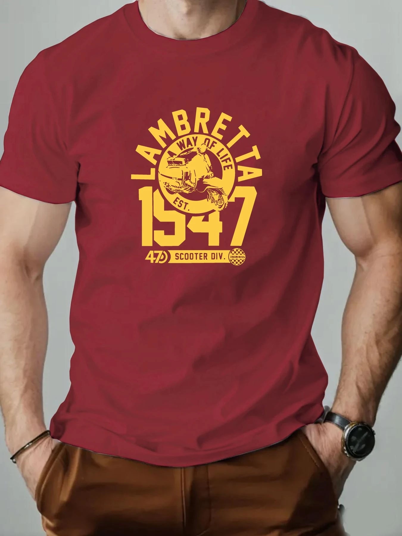 Men's Cotton T-Shirt, LAMBRETTA Summer Round Neck Short Sleeve Graphic Breathable Fashion Casual T-Shirt