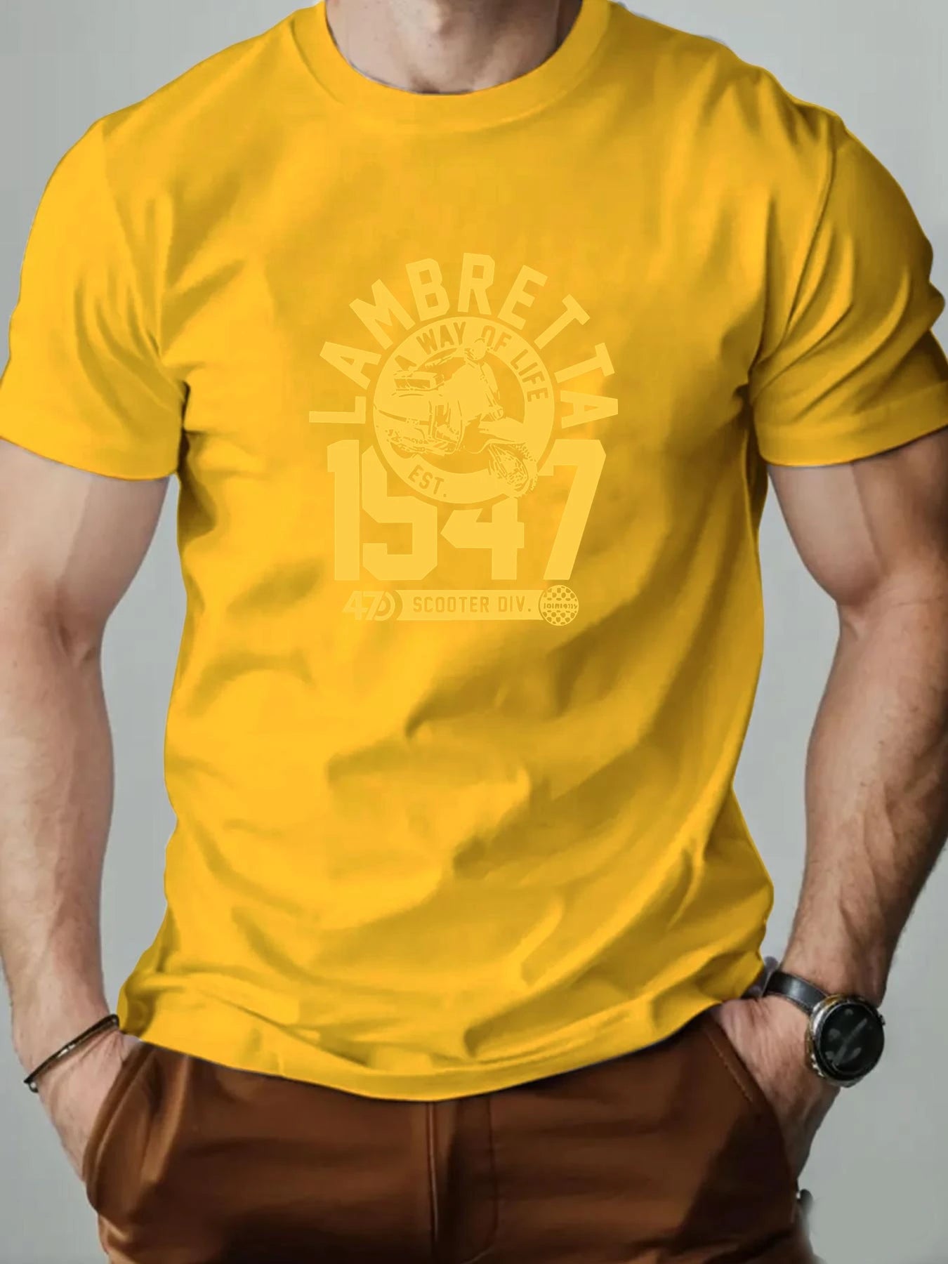 Men's Cotton T-Shirt, LAMBRETTA Summer Round Neck Short Sleeve Graphic Breathable Fashion Casual T-Shirt