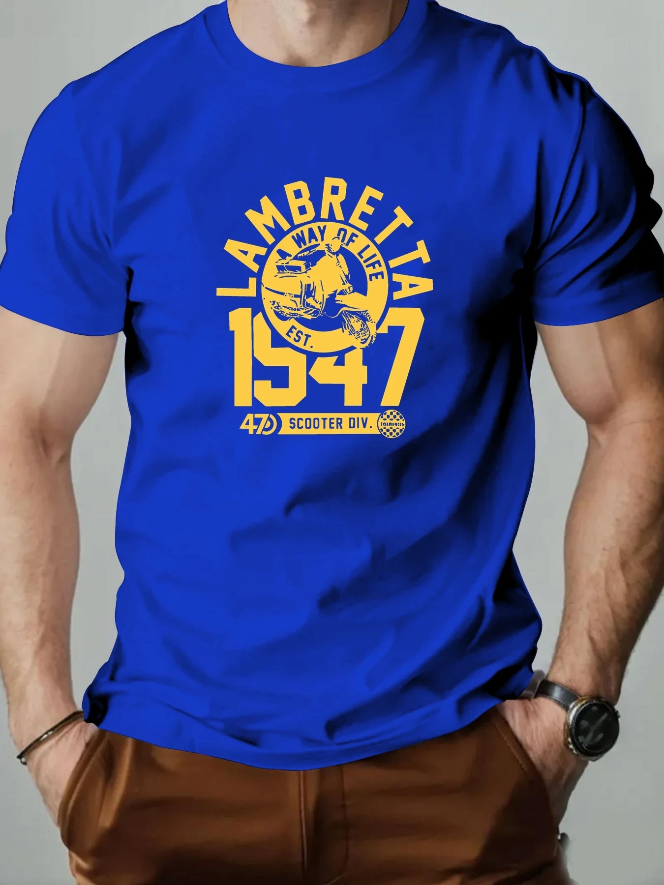 Men's Cotton T-Shirt, LAMBRETTA Summer Round Neck Short Sleeve Graphic Breathable Fashion Casual T-Shirt