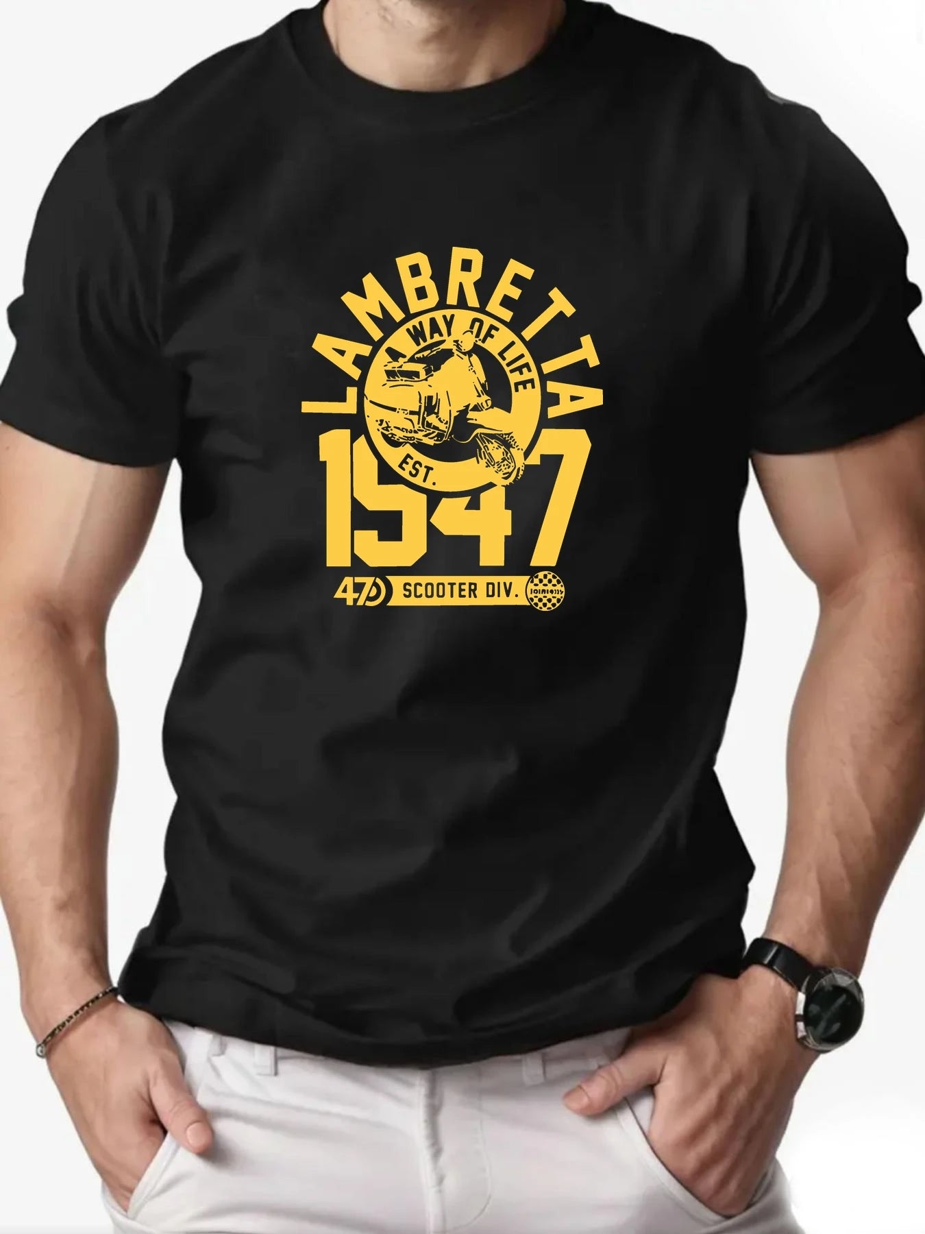 Men's Cotton T-Shirt, LAMBRETTA Summer Round Neck Short Sleeve Graphic Breathable Fashion Casual T-Shirt