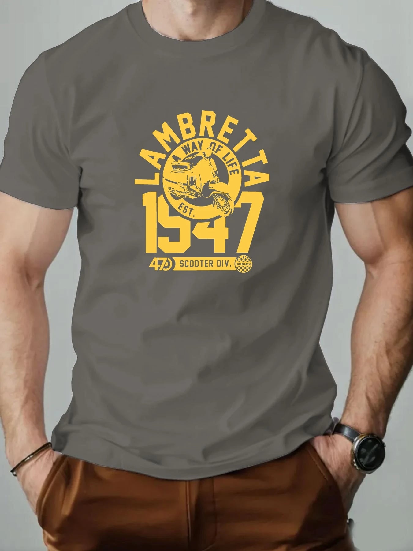Men's Cotton T-Shirt, LAMBRETTA Summer Round Neck Short Sleeve Graphic Breathable Fashion Casual T-Shirt