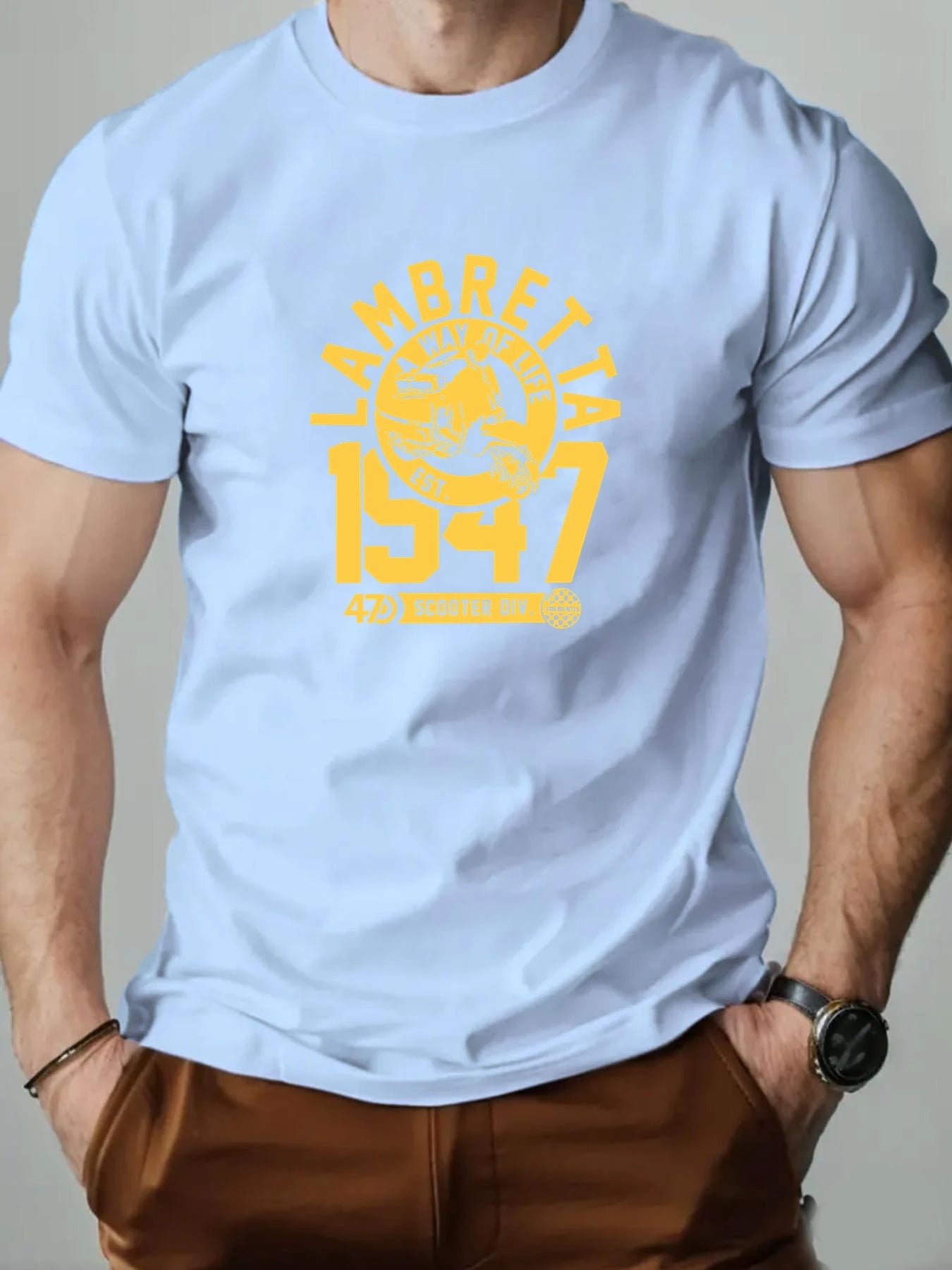 Men's Cotton T-Shirt, LAMBRETTA Summer Round Neck Short Sleeve Graphic Breathable Fashion Casual T-Shirt