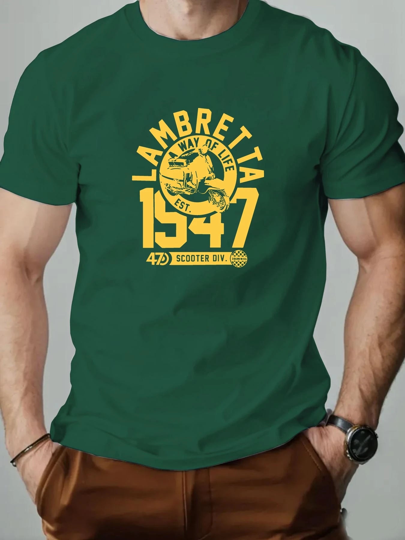Men's Cotton T-Shirt, LAMBRETTA Summer Round Neck Short Sleeve Graphic Breathable Fashion Casual T-Shirt